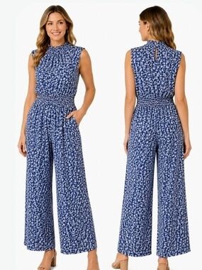 Sleeveless Blue Floral Wide-Leg Jumpsuit